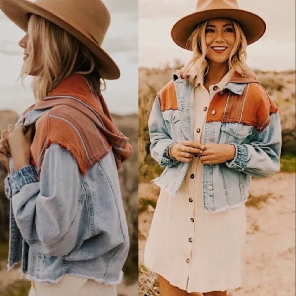 Free People denim hooded Baja wash striped jacket